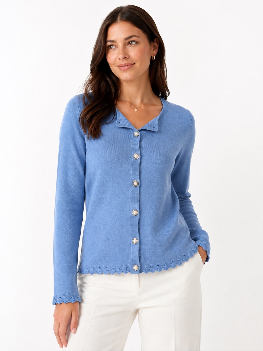 Adrianna Papell Blue Jeweled Pearl Button Cardigan Sweater Small
